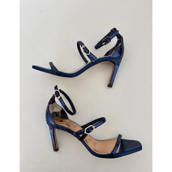 Ted Baker Heels 38 / US 7.5 Navy Strappy Heels Square Toe Ankle Strap Old Money - Picture 7 of 16